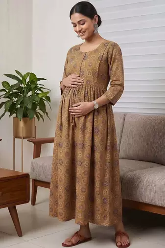 Mustard cotton printed maternity dress for women