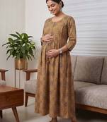 Mustard cotton printed maternity dress for women