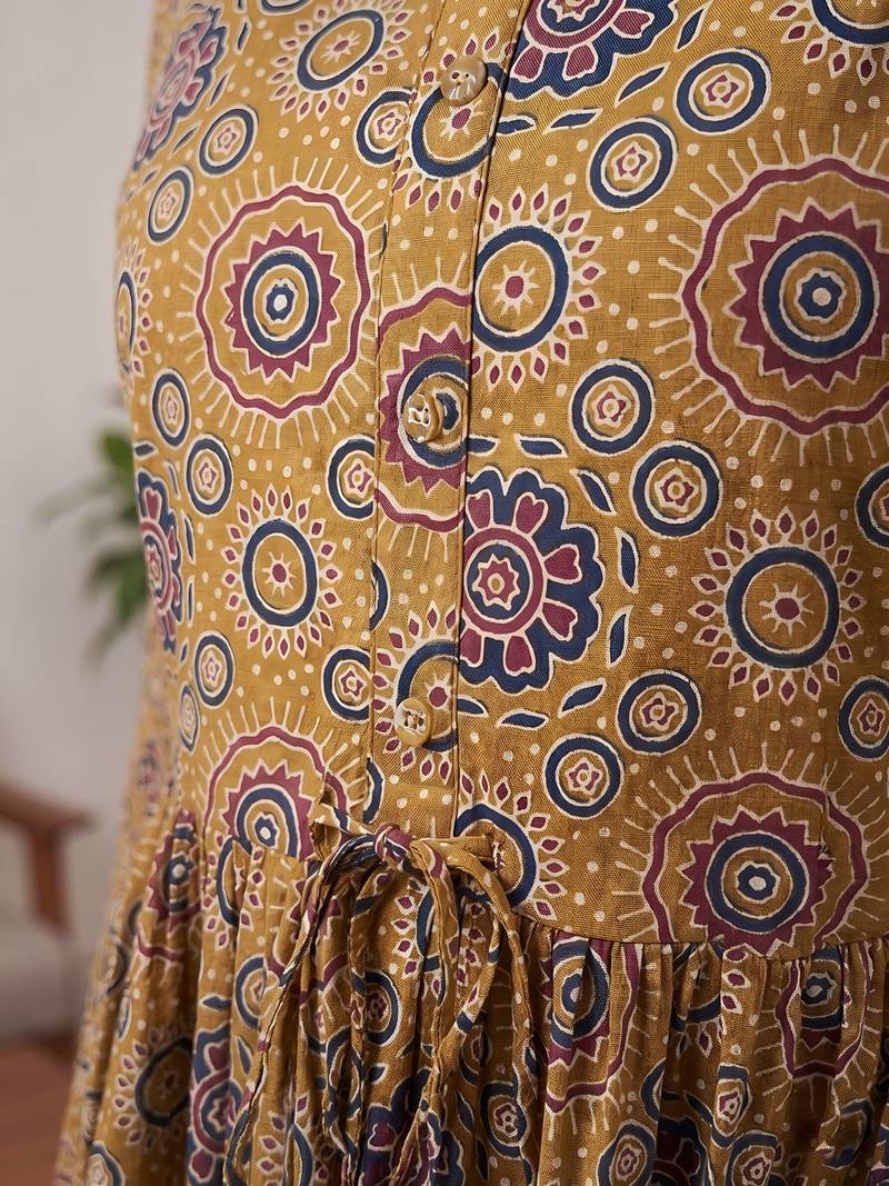 Mustard cotton printed maternity dress for women