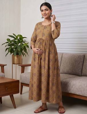 Mustard cotton printed maternity dress for women 3