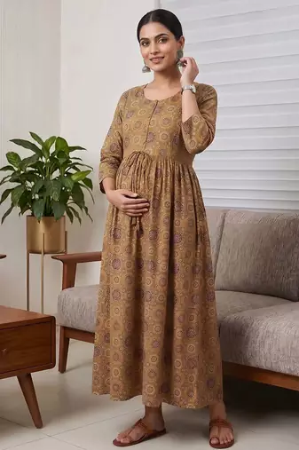 Mustard cotton printed maternity dress for women
