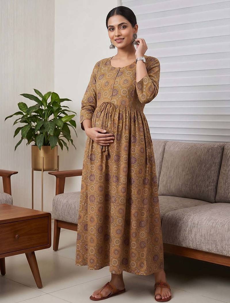 Mustard cotton printed maternity dress for women