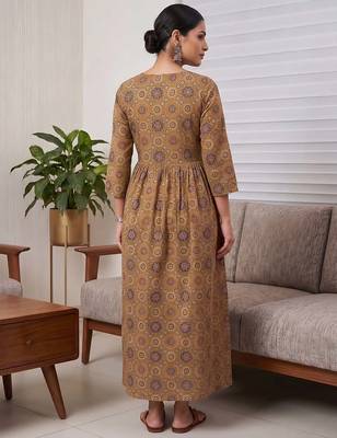 Mustard cotton printed maternity dress for women 4