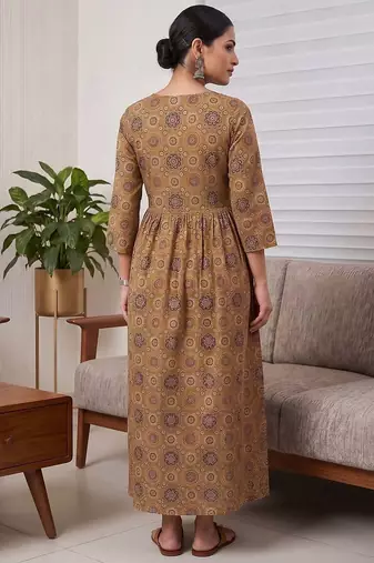 Mustard cotton printed maternity dress for women