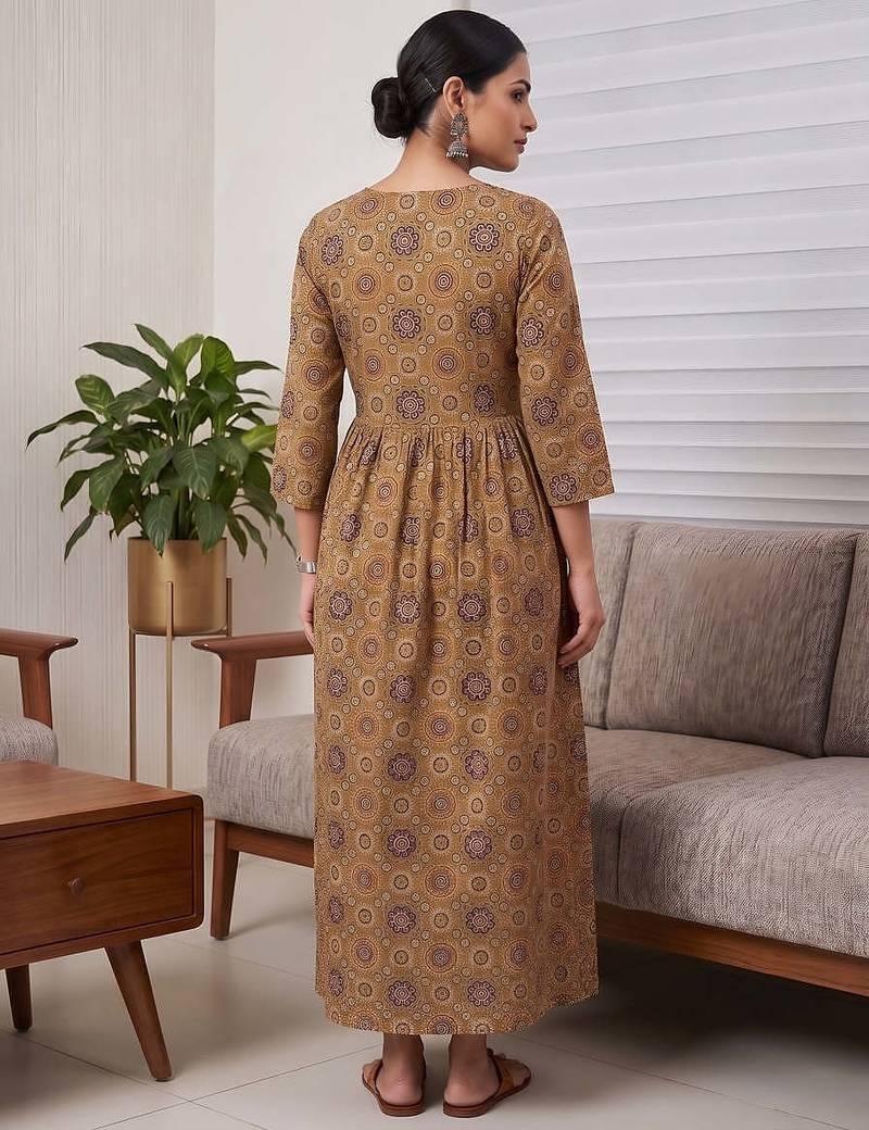 Mustard cotton printed maternity dress for women