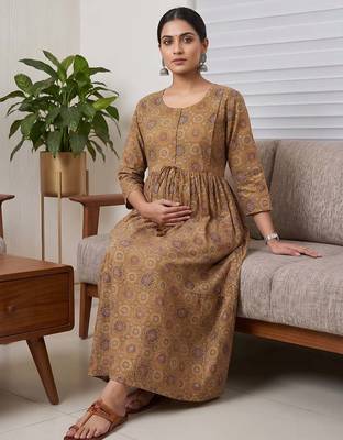 Mustard cotton printed maternity dress for women 5