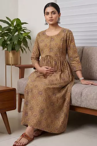 Mustard cotton printed maternity dress for women