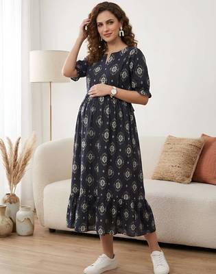 Black cotton printed maternity dress for women 1