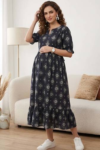 Black cotton printed maternity dress for women