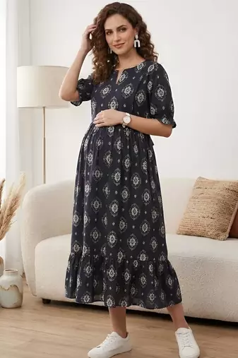 Black cotton printed maternity dress for women