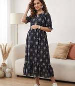 Black cotton printed maternity dress for women
