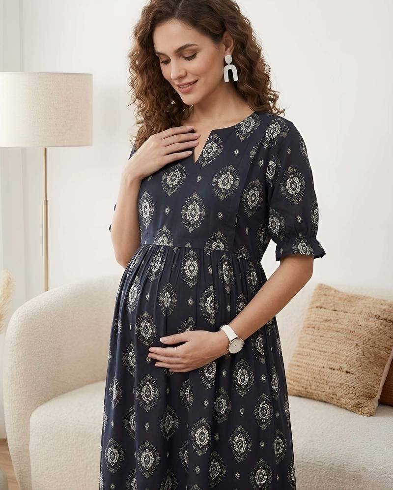 Black cotton printed maternity dress for women