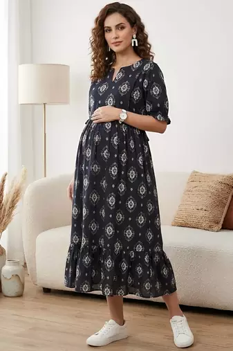 Black cotton printed maternity dress for women