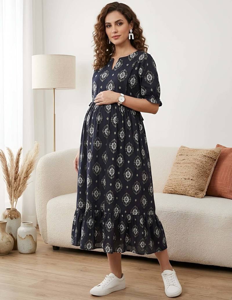 Black cotton printed maternity dress for women