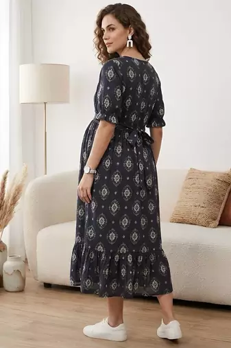 Black cotton printed maternity dress for women
