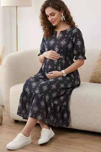 Black cotton printed maternity dress for women