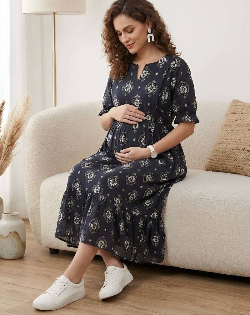 Black cotton printed maternity dress for women