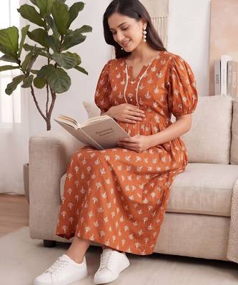 Orange cotton printed maternity dress for women 1