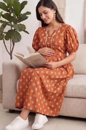 Orange cotton printed maternity dress for women