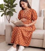 Orange cotton printed maternity dress for women