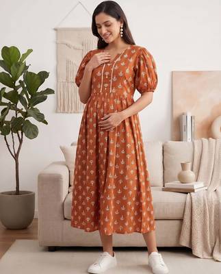 Orange cotton printed maternity dress for women 2