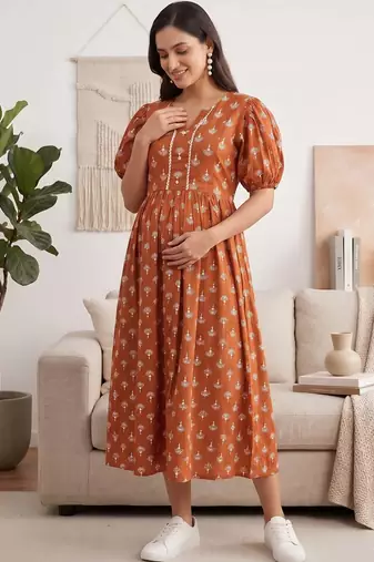 Orange cotton printed maternity dress for women