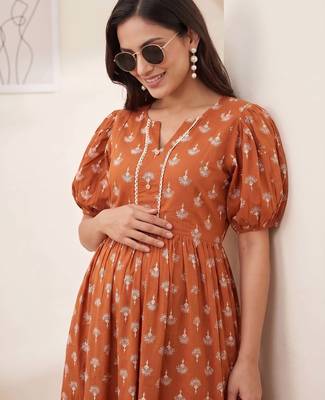 Orange cotton printed maternity dress for women 3