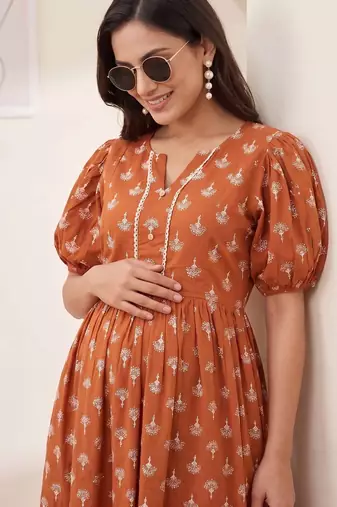 Orange cotton printed maternity dress for women