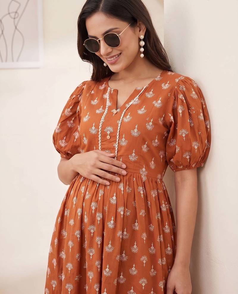 Orange cotton printed maternity dress for women