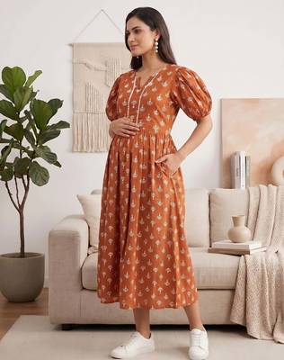 Orange cotton printed maternity dress for women 4