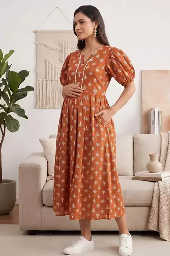 Orange cotton printed maternity dress for women