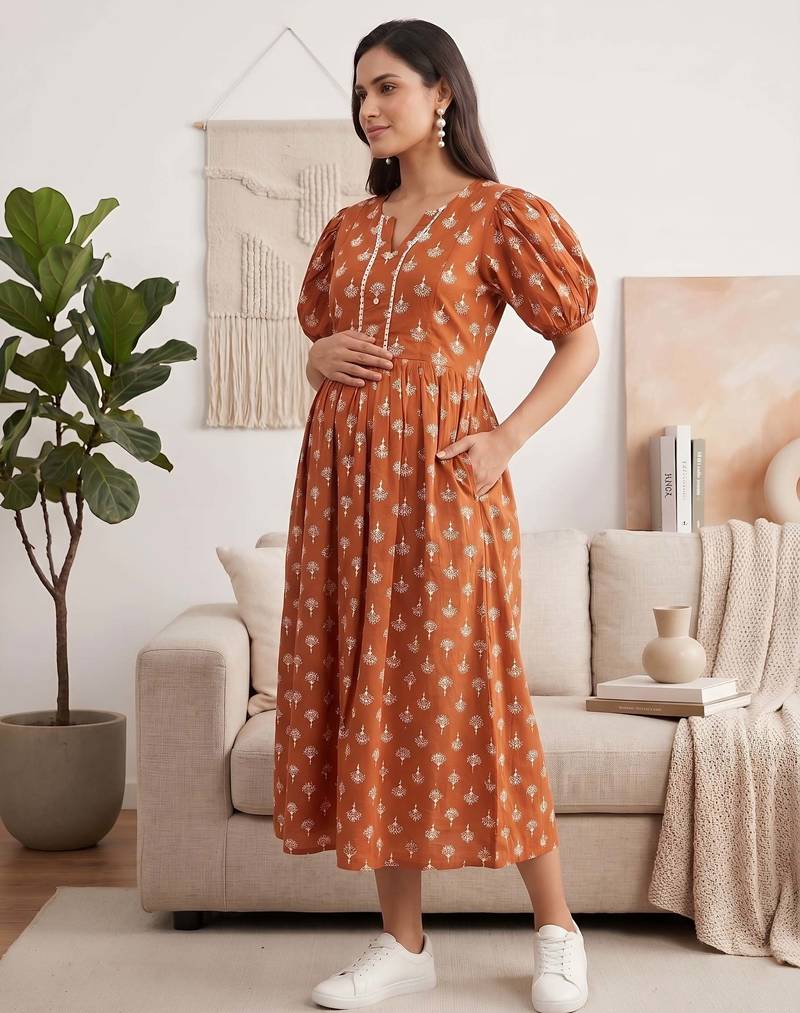 Orange cotton printed maternity dress for women