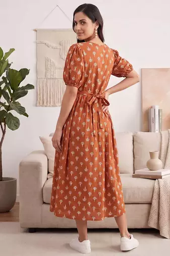 Orange cotton printed maternity dress for women