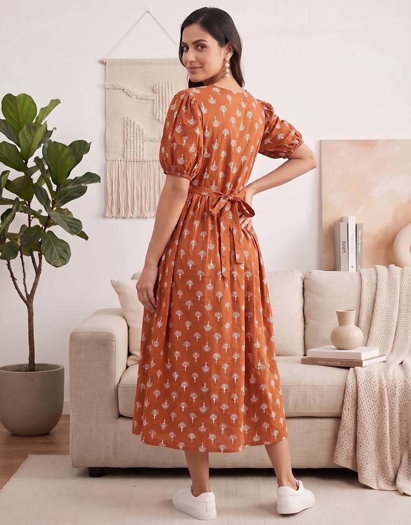 Orange cotton printed maternity dress for women