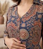 Blue cotton printed maternity dress for women