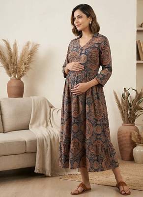 Blue cotton printed maternity dress for women 2