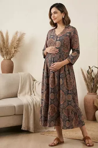 Blue cotton printed maternity dress for women