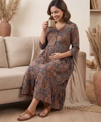 Blue cotton printed maternity dress for women 3