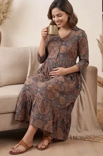 Blue cotton printed maternity dress for women