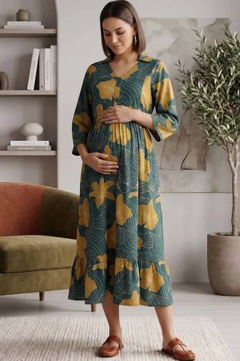 Green cotton printed maternity dress for women