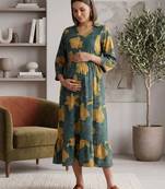 Green cotton printed maternity dress for women