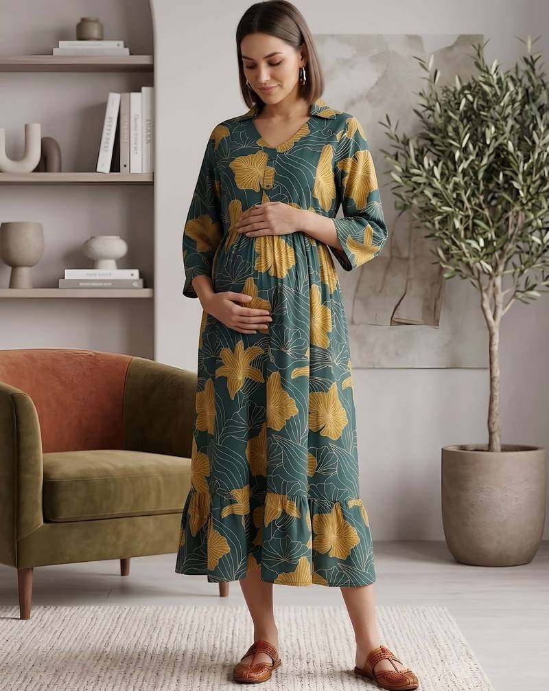 Green cotton printed maternity dress for women