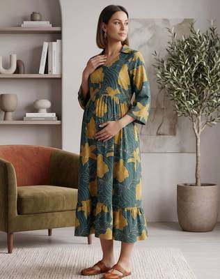 Green cotton printed maternity dress for women 3