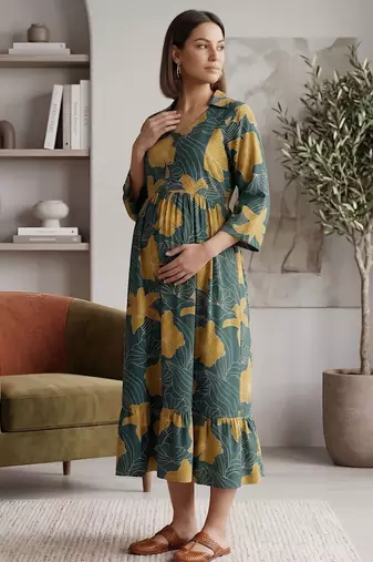 Green cotton printed maternity dress for women