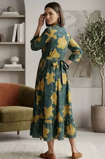 Green cotton printed maternity dress for women