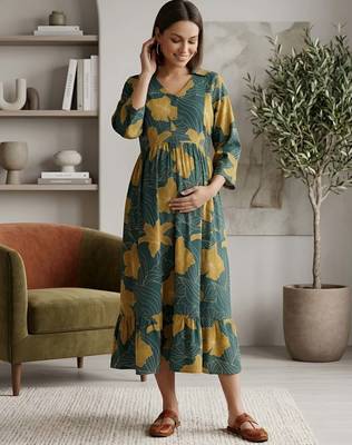 Green cotton printed maternity dress for women 5