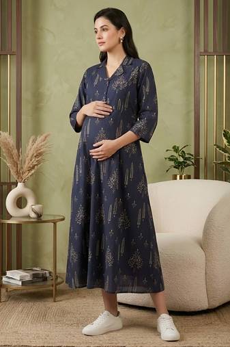 Blue cotton printed maternity dress for women