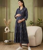 Blue cotton printed maternity dress for women