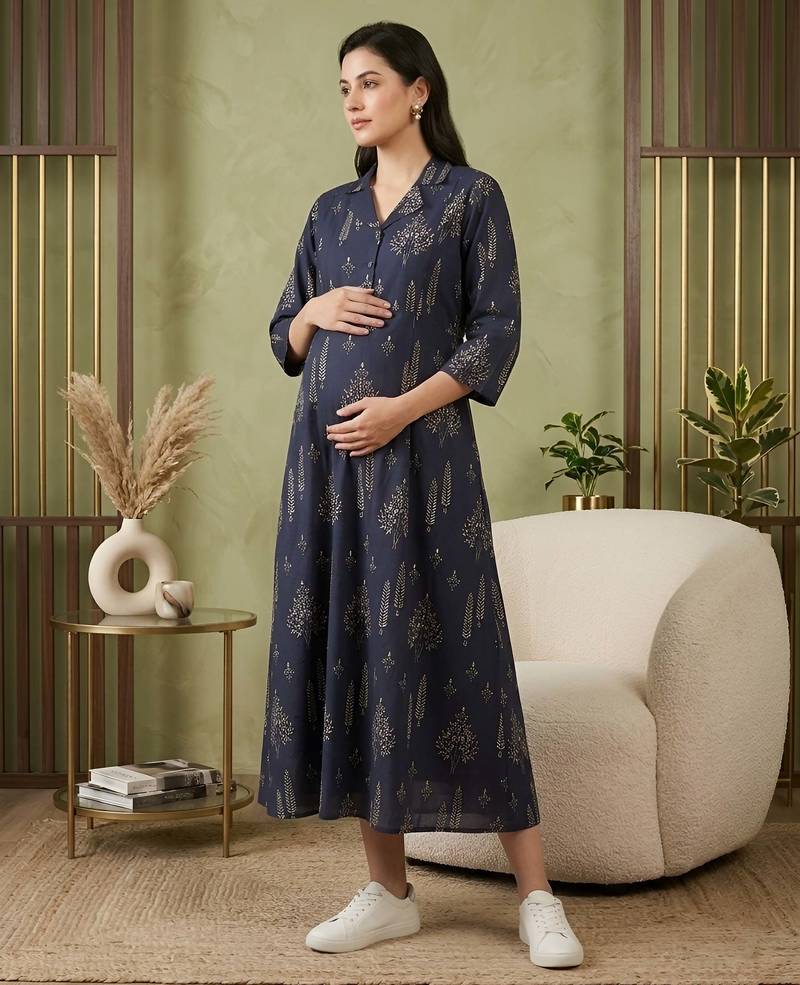 Blue cotton printed maternity dress for women