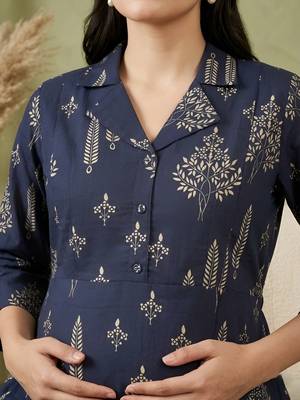 Blue cotton printed maternity dress for women 2